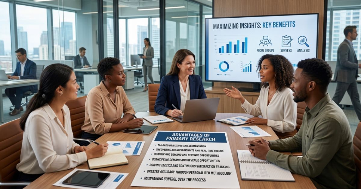 Team discussing the advantages of primary research in a modern office with research charts and data reports.