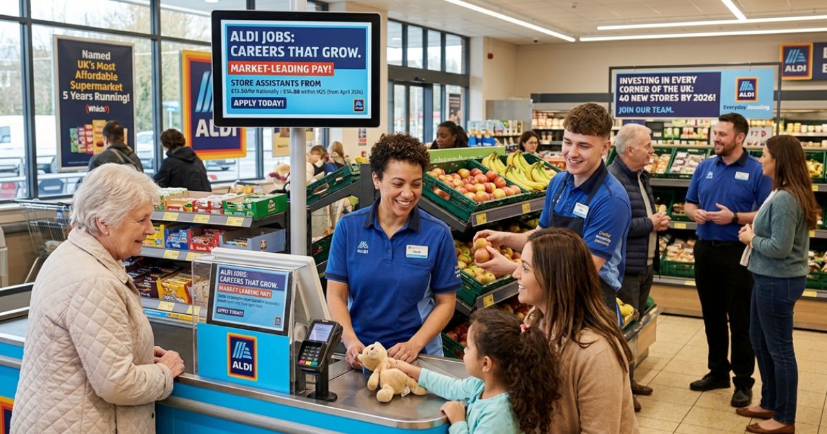 Aldi jobs and careers displayed inside an Aldi supermarket with employees serving customers at the checkout.