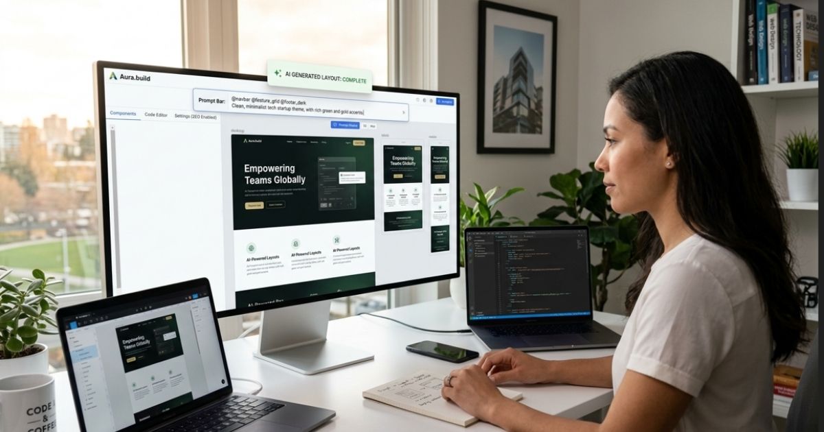Woman working on an Aura.build website design interface with AI-generated layouts and code displayed on multiple screens.