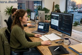 Aura.Built team working on web design and development in a modern creative office.