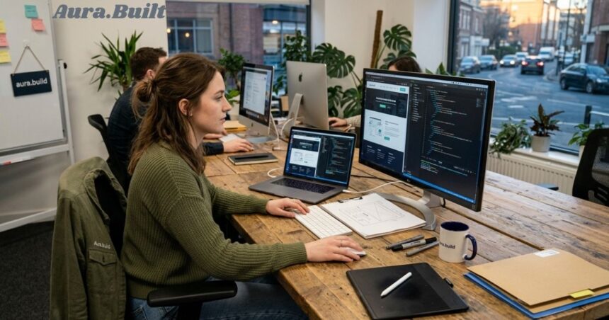 Aura.Built team working on web design and development in a modern creative office.