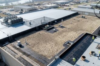 Aerial view of a built-up flat roof on a large commercial building with roofing workers, HVAC units, and multiple roofing layers.