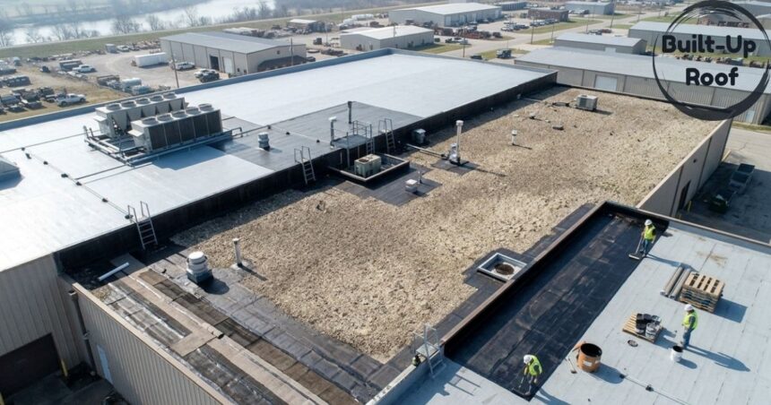 Aerial view of a built-up flat roof on a large commercial building with roofing workers, HVAC units, and multiple roofing layers.