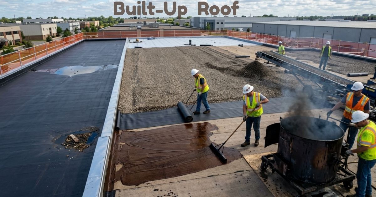 Commercial built-up roof installation with workers applying roofing material on a large flat rooftop.