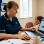 Care assistant accessing the Careskills login portal on a laptop during workplace training.