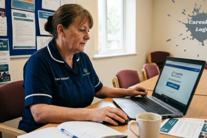 Care assistant accessing the Careskills login portal on a laptop during workplace training.