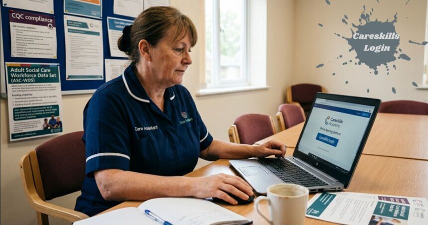 Care assistant accessing the Careskills login portal on a laptop during workplace training.