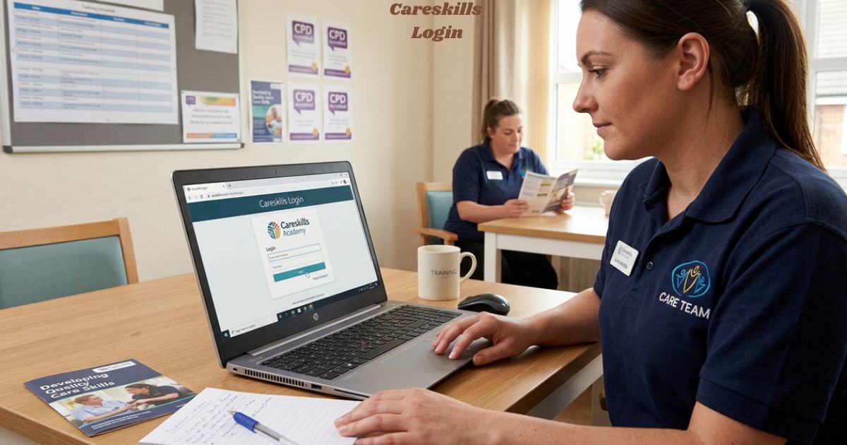 Careskills login screen displayed on a laptop for a care worker in a training setting.