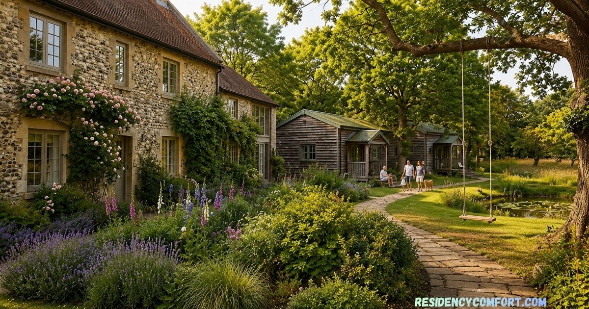 Stone cottage surrounded by a vibrant English country garden with blooming flowers, a winding stone path, wooden cabins, a pond, and a tree swing in a peaceful countryside setting.