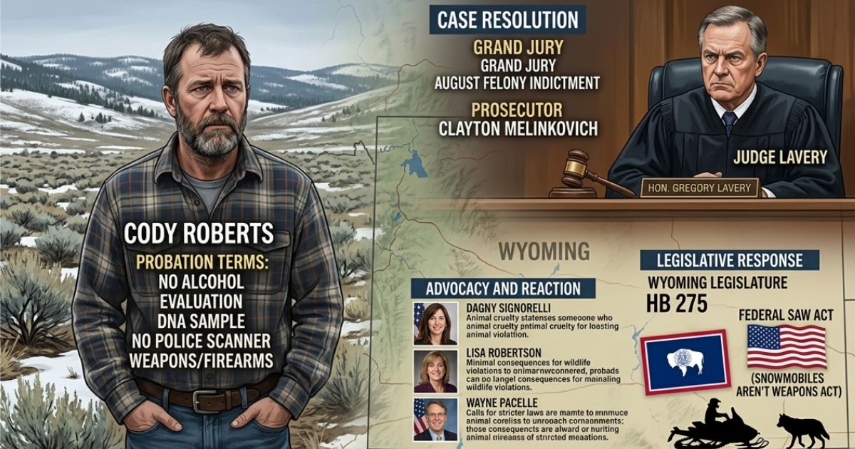 Cody Roberts standing in a Wyoming landscape beside an illustrated courtroom and legal infographic showing probation terms, grand jury proceedings, advocacy reactions, and legislative response.