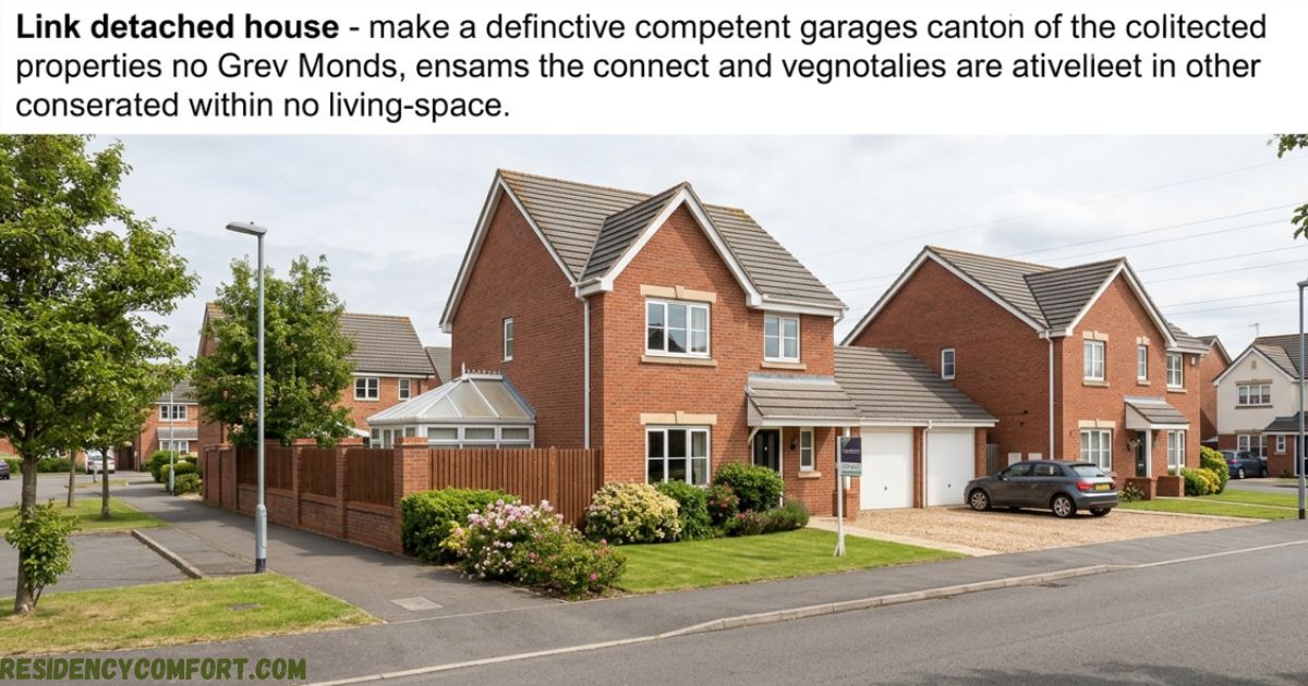 Red-brick detached houses with private gardens, driveways, garages, and landscaped front yards in a modern residential neighborhood. 