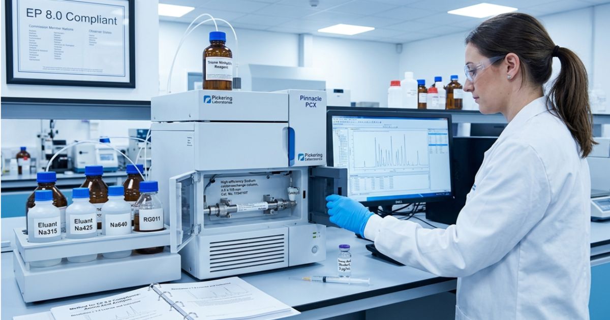 EP 8.0 compliant laboratory with a scientist operating analytical equipment and reviewing pharmaceutical test results.