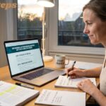 Woman studying at a desk with a laptop, notes, and textbook while following easy academic steps.