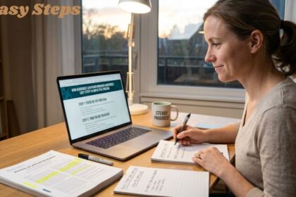 Woman studying at a desk with a laptop, notes, and textbook while following easy academic steps.