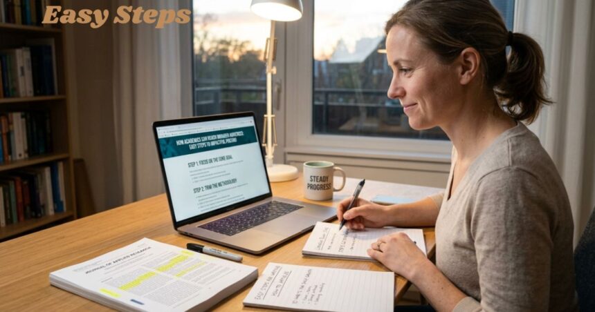 Woman studying at a desk with a laptop, notes, and textbook while following easy academic steps.