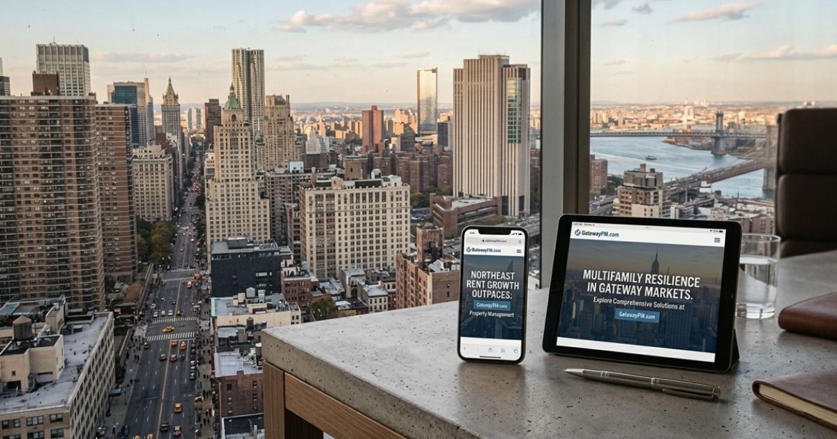 City skyline viewed through office windows with a tablet and smartphone displaying GatewayPM.com property management content on a desk.