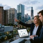 Two property management professionals discussing a GatewayPM.com property management platform on a rooftop overlooking a city skyline