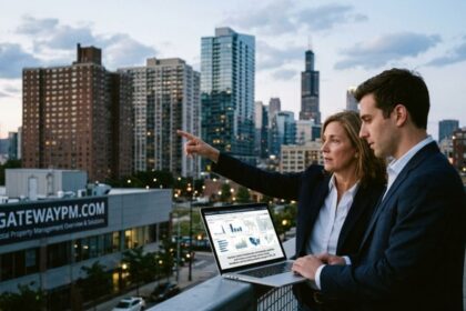 Two property management professionals discussing a GatewayPM.com property management platform on a rooftop overlooking a city skyline