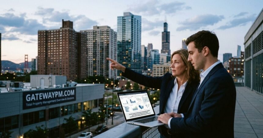 Two property management professionals discussing a GatewayPM.com property management platform on a rooftop overlooking a city skyline