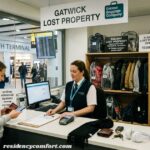 Gatwick Lost Property desk at South Terminal with a traveler retrieving a lost item and shelves of stored belongings.