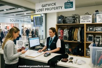 Gatwick Lost Property desk at South Terminal with a traveler retrieving a lost item and shelves of stored belongings.