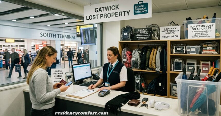 Gatwick Lost Property desk at South Terminal with a traveler retrieving a lost item and shelves of stored belongings.
