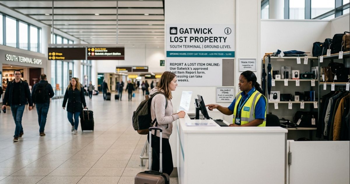 Gatwick Lost Property desk at South Terminal with a traveler reporting a lost item.