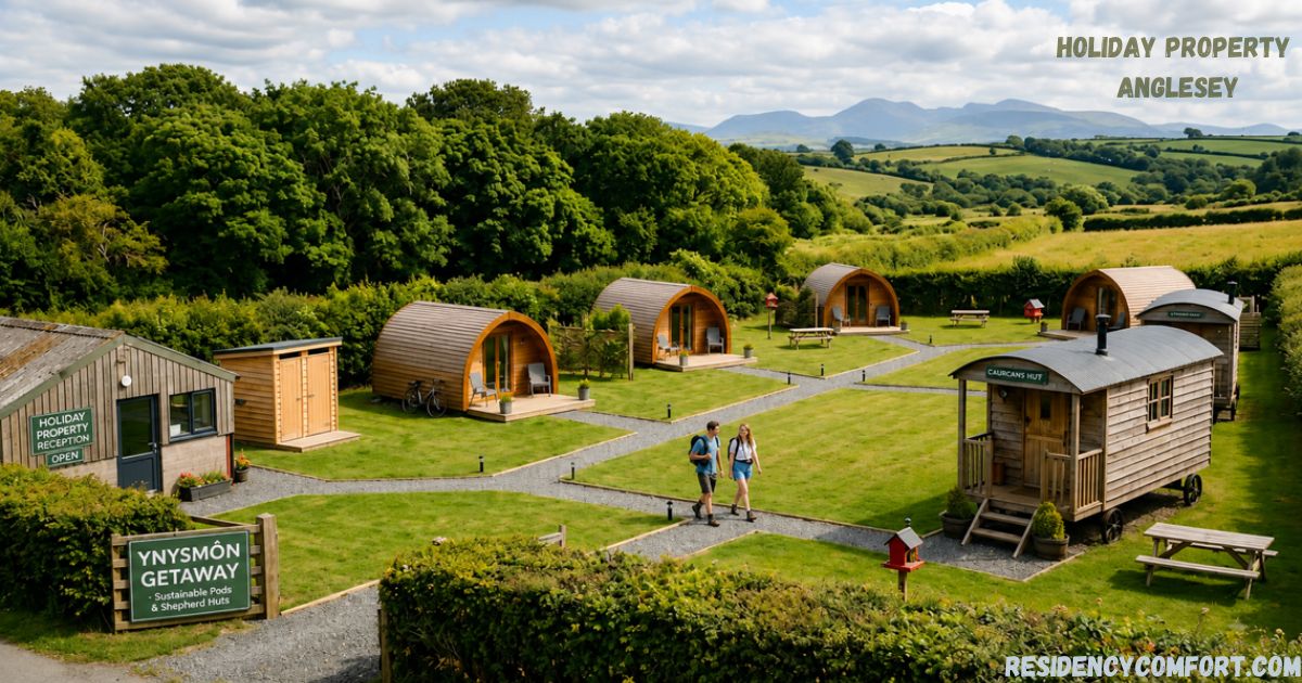 Holiday property in Anglesey featuring scenic glamping pods, a shepherd hut, green countryside, and mountain views.