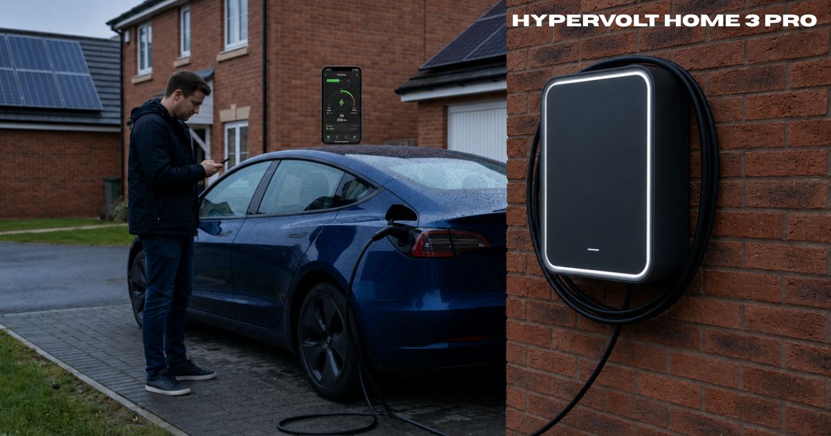 Man using a smartphone while a blue electric car charges in a suburban driveway, with a sleek wall-mounted EV charger on a brick wall and solar-powered homes in the background.