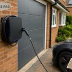 Wall-mounted EV charger connected to a dark electric car parked outside a modern brick home, with a smartphone displaying charging status on a wooden table and landscaped gardens in the background.