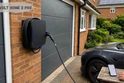 Wall-mounted EV charger connected to a dark electric car parked outside a modern brick home, with a smartphone displaying charging status on a wooden table and landscaped gardens in the background.