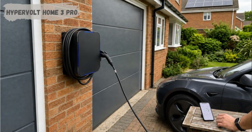 Wall-mounted EV charger connected to a dark electric car parked outside a modern brick home, with a smartphone displaying charging status on a wooden table and landscaped gardens in the background.