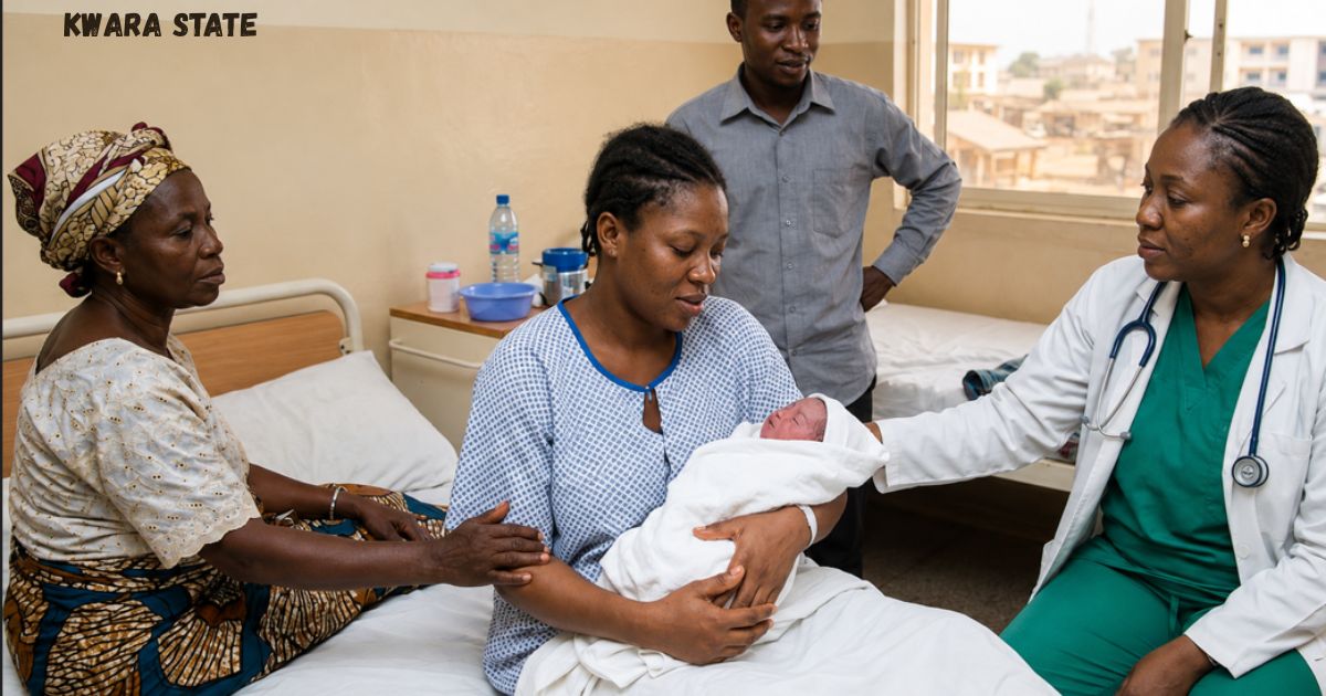 Kwara State family visiting a hospital after childbirth, with a mother holding her newborn and a doctor providing care.