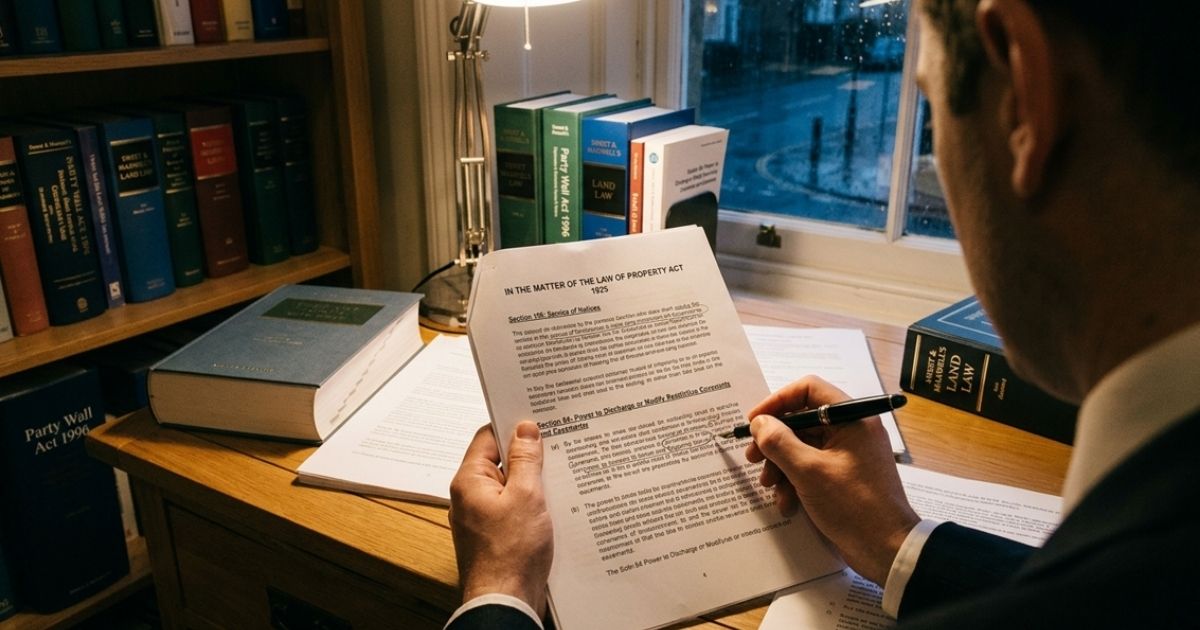 Person reviewing the Law of Property Act 1925 document at a desk surrounded by land law books and legal papers.