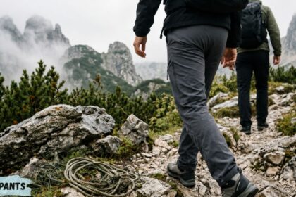 Two hikers wearing nylon pants walk along a rocky mountain trail surrounded by misty peaks and alpine vegetation.