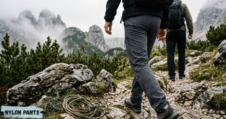 Two hikers wearing nylon pants walk along a rocky mountain trail surrounded by misty peaks and alpine vegetation.