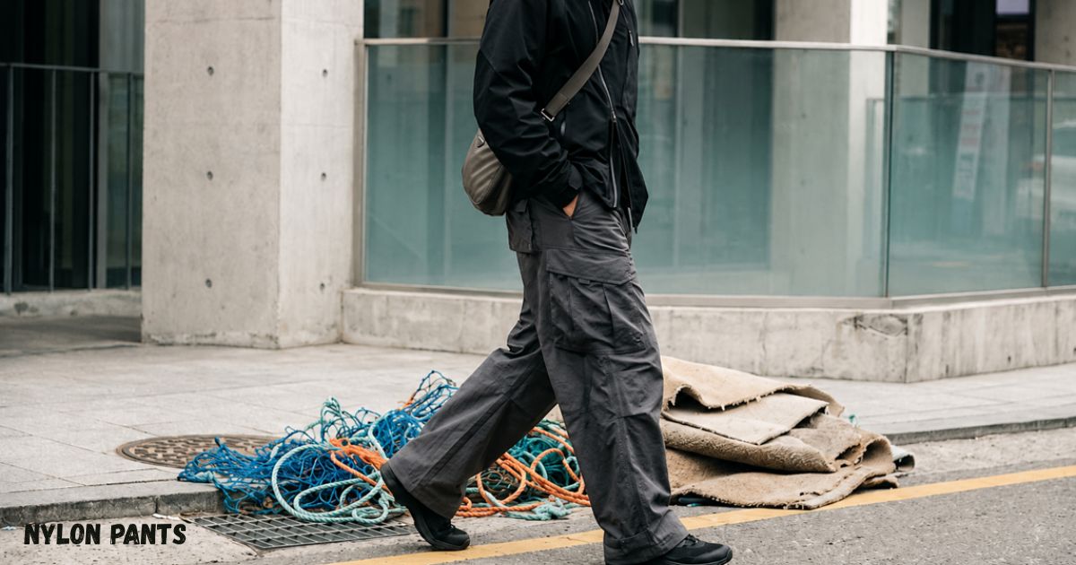 A person wearing black nylon cargo pants walking on a city sidewalk, with colorful ropes and rolled fabric nearby.