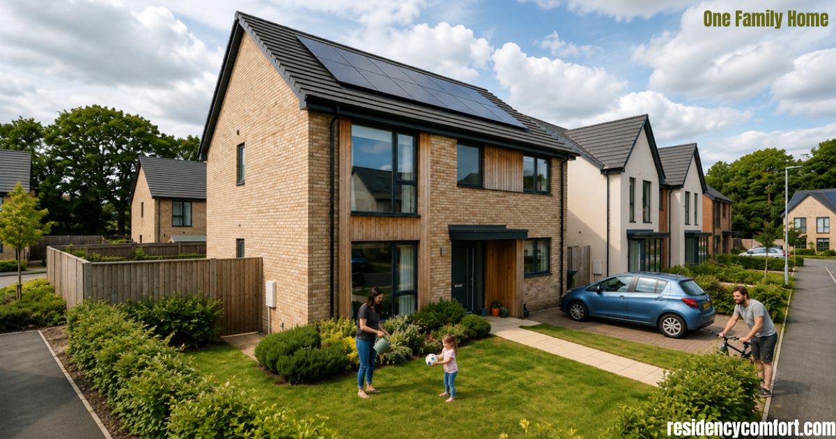A modern one-family home with solar panels sits in a landscaped neighborhood as parents and a young child enjoy the front lawn, while a man rides a bicycle nearby and a blue car is parked in the driveway.