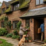 Traditional one family home with a lush garden, welcoming entrance, and a golden retriever by the front door.