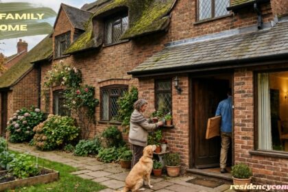 Traditional one family home with a lush garden, welcoming entrance, and a golden retriever by the front door.