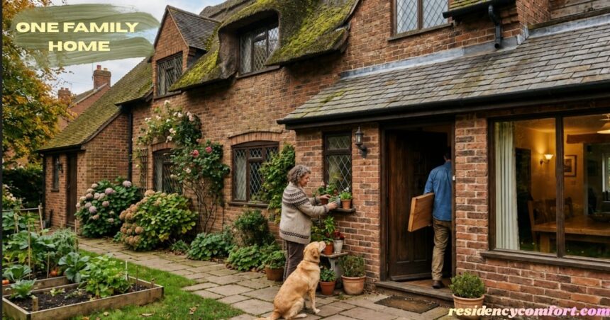 Traditional one family home with a lush garden, welcoming entrance, and a golden retriever by the front door.