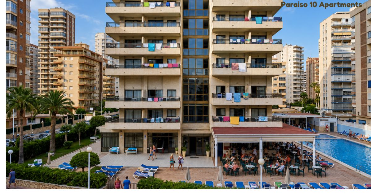 Paraiso 10 Apartments building with balconies, pool, sun loungers, palm trees, and a busy outdoor café.
