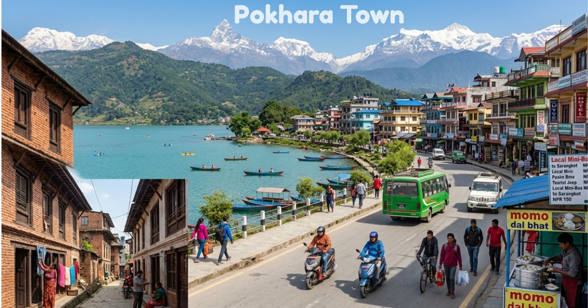 Pokhara Town with a scenic lake, colorful boats, Himalayan mountains, busy streets, and traditional buildings in Nepal.