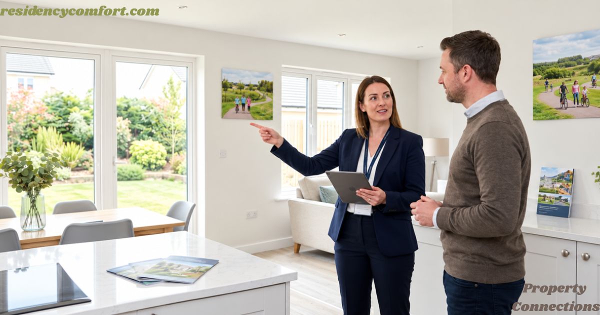 A real estate agent holding a tablet shows a modern open-plan home to a prospective buyer, pointing out features in the bright kitchen and living area with Property Connections branding visible in the image.