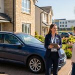 A real estate agent stands beside a blue estate car and talks with a prospective homebuyer outside modern residential houses on a sunny day, with Property Connections branding displayed in the top-right corner.