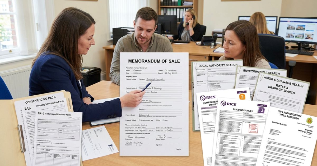Property buyers reviewing a memorandum of sale alongside conveyancing forms, property searches, surveys, and land registry documents.