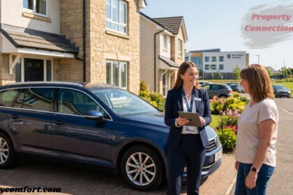 A real estate agent stands beside a blue estate car and talks with a prospective homebuyer outside modern residential houses on a sunny day, with Property Connections branding displayed in the top-right corner.