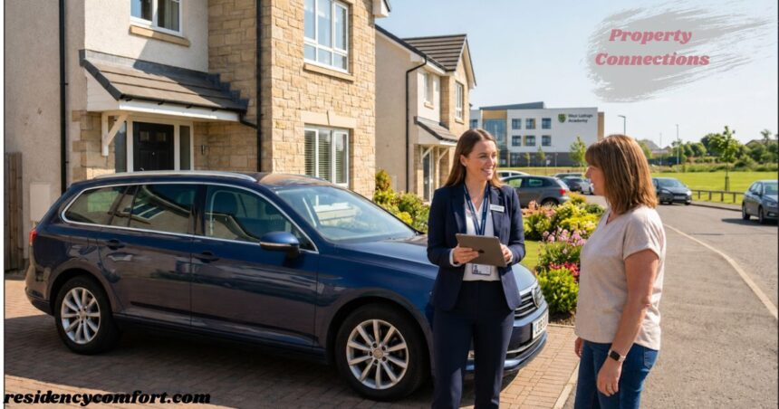 A real estate agent stands beside a blue estate car and talks with a prospective homebuyer outside modern residential houses on a sunny day, with Property Connections branding displayed in the top-right corner.