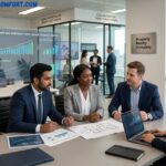 Property Reality Company team discussing real estate, property market data, and investment strategies in a modern office.
