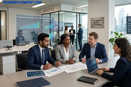 Property Reality Company team discussing real estate, property market data, and investment strategies in a modern office.